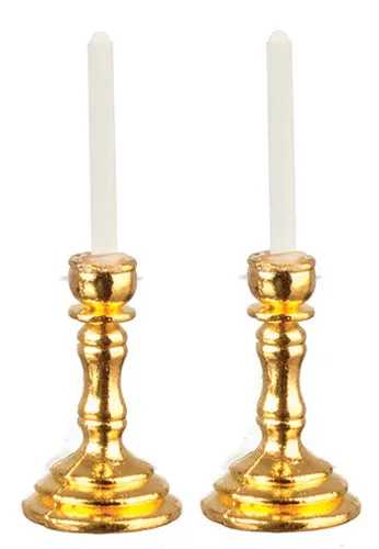 Miniature Pair Of Round Brass Candlesticks With Candles 1