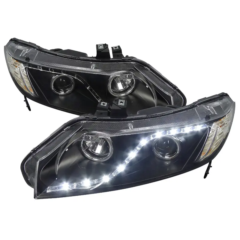 Spec-D 06-11 Honda Civic Sedan Headlights R8 Led Strip Black 1