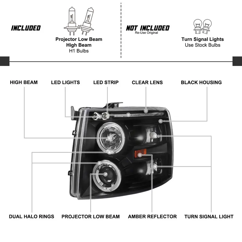 Spec-D 07-13 Chevy Silverado 1500 Halo Projector Headlights Black 2