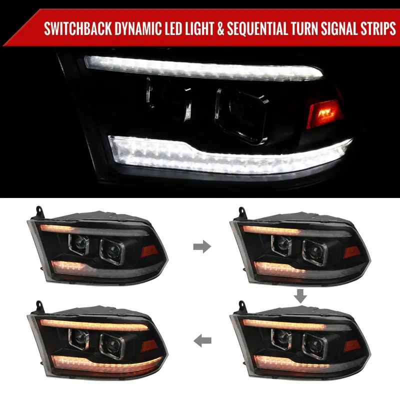 Spec-D 10-18 Ram 1500/2500/3500 Headlights Switchback Sequential Smoked. 2