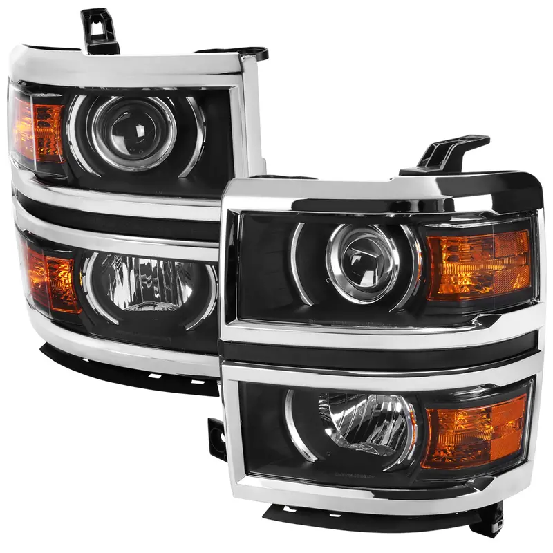 Spec-D 14-17 Silverado 1500 Headlights Matte Black/Chrome Trim 1