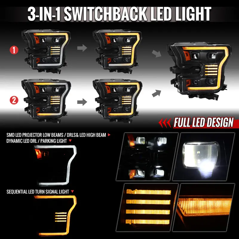 Spec-D 15-17 Ford F-150 Led Light Bar Projector Hid Headlight Black 2