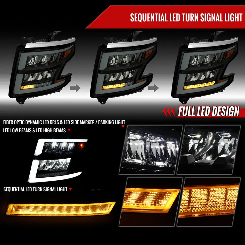 Spec-D 15-20 Chevy Tahoe Suburban Full Drl Seq Headlights Black/Smoked 2