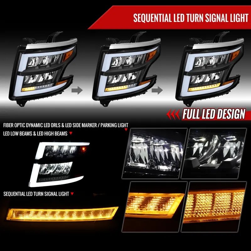Spec-D 15-20 Chevy Tahoe Suburban Full Drl Seq Matte Headlights Black 2