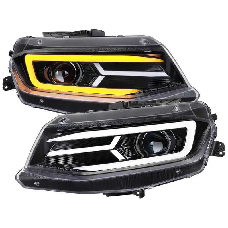 Spec-D 16-18 Chevy Camaro Headlights Led Strip Sequential Glossy Black 1
