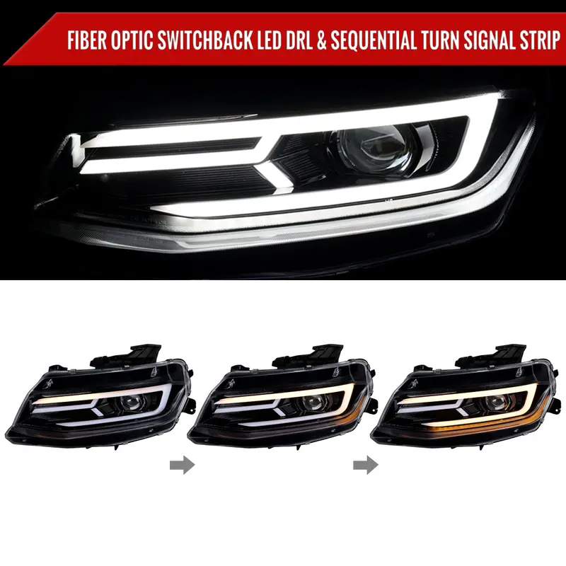 Spec-D 16-18 Chevy Camaro Headlights Led Strip Sequential Glossy Black 2