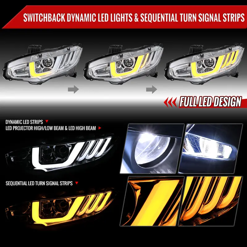 Spec-D 16-21 Honda Civic Projector Headlights Sequential Led Chrome 2