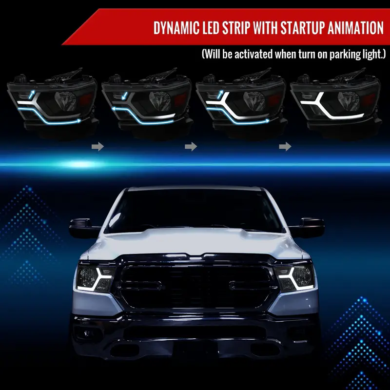 Spec-D 19-24 Ram 1500 Headlights Animated Led Bar Smoked. 2