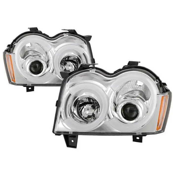 Spyder 05-07 Jeep Grand Cherokee Projector Headlights Led Bar Chrome 1