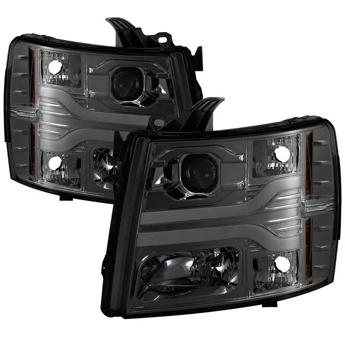 Spyder 07-13 Chevy Silverado Projector Headlights Led Bar V3 Smoked 1