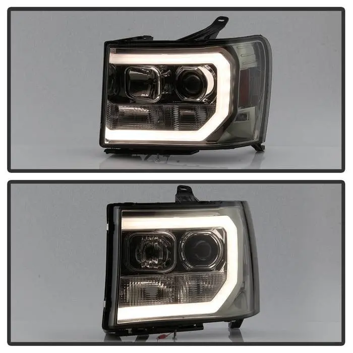 Spyder 08-13 Gmc Sierra Denali Projector Headlights V2 Led Bar Smoked 1