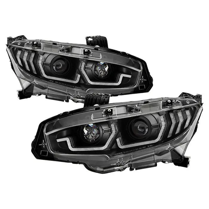 Spyder 16-20 Honda Civic Projector Headlights U-Shape Led Black Seq 1