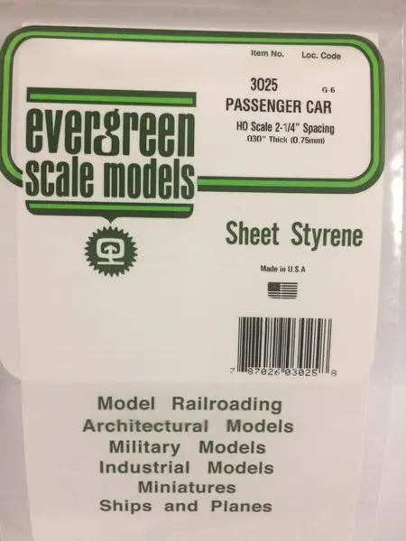 Styrene Sheet Passenger Car Ho .030" .75Mm 1