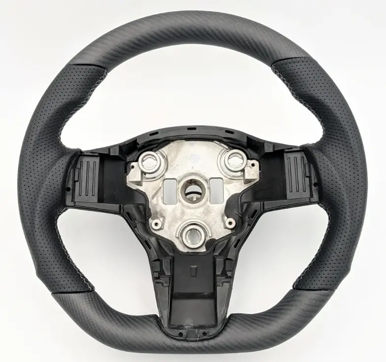 Tesla Model 3/Model Y Matte Carbon Fiber/Genuine Leather/Grey Stitching Steering Wheel 1