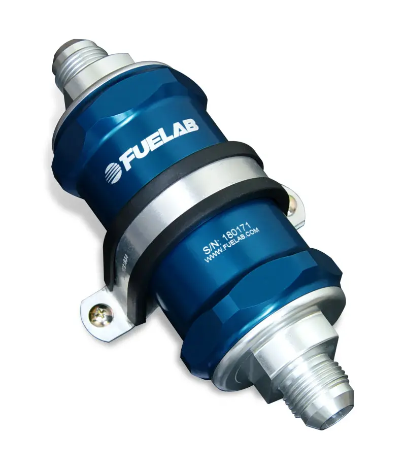 Fuelab 818 Inline Fuel Filter – -6An Inlet/Outlet, 10-Micron Fabric Element, Blue Housing 1